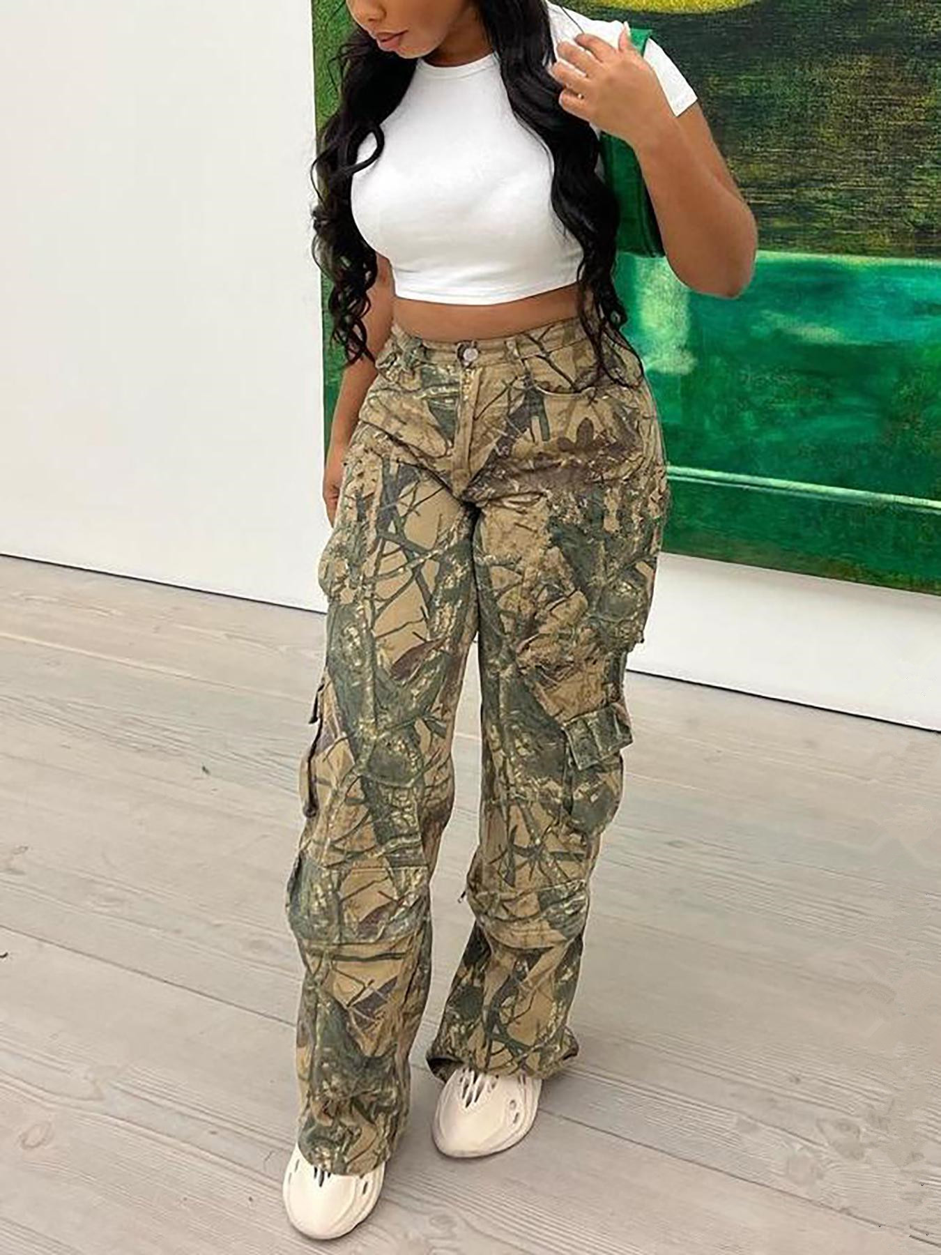 Women Camouflage Casual Zipper Pocket Pants