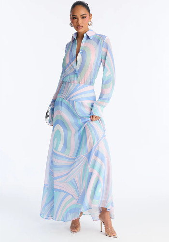 Women Printed Turndown Collar Long Sleeve Slim Waist Shirt Dress Casual Wear（Processing time need 3-6 days）
