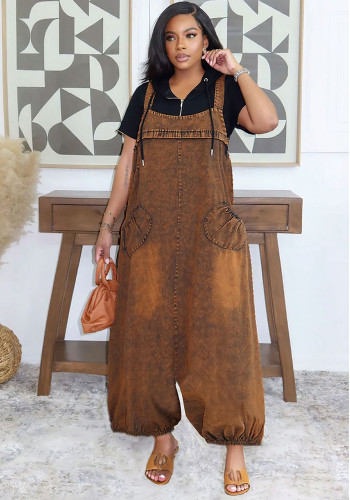 Spring Summer Women Loose Lantern Denim Overalls Casual Wide Leg Jumpsuit