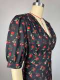Spring Women Sweet Floral Print Puff Sleeve Ruffle Mini Dress Cute Outfit