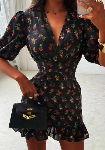Spring Women Sweet Floral Print Puff Sleeve Ruffle Mini Dress Cute Outfit
