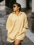 Plus Size African Women Turndown Collar Long-Sleeve Sexy Lace-Up Backless Striped Shirt Shorts Two-Piece Set