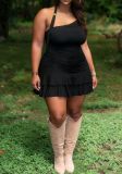 Women black Halter Neck ruffled double-layer ruffled cascading ruffles dress