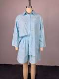 Women summer turndown collar three-quarter sleeve beaded shirt and wide-leg shorts two-piece set