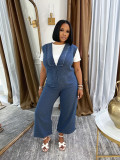Spring Summer Women Washed Denim Jumpsuit V-Neck Casual Loose Fit Overalls