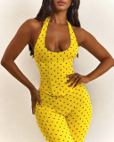 Women Halter Neck Polka Dot Boned Zipper Slim Waist Cropped Jumpsuit Party Outfit