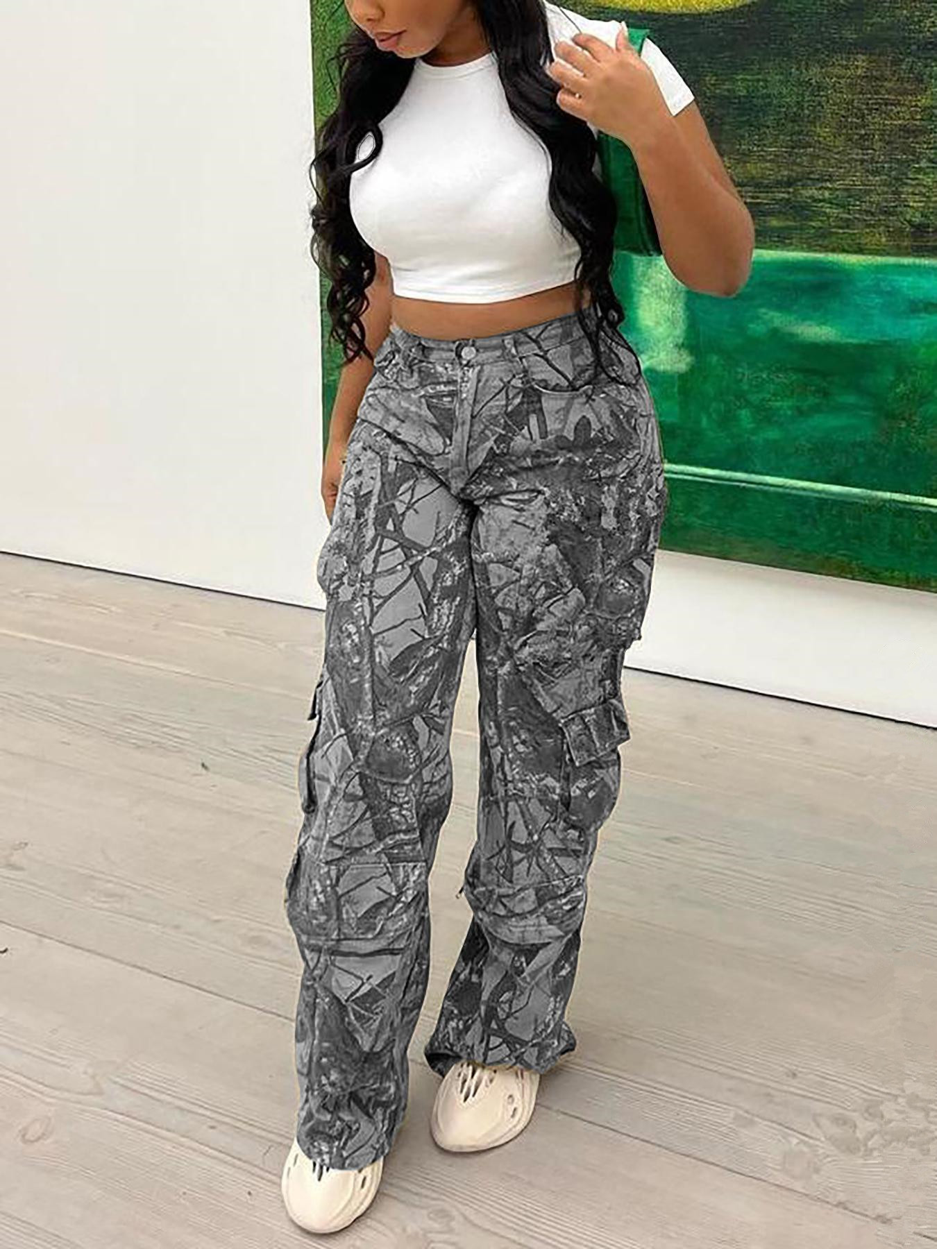 Women Camouflage Casual Zipper Pocket Pants