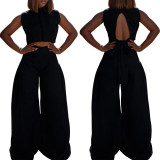 Women summer backless tie-waist sleeveless top and wide-leg pants two-piece set