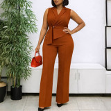 African Women Summer Sleeveless Turndown Collar Lace-up Wide-Leg Jumpsuit