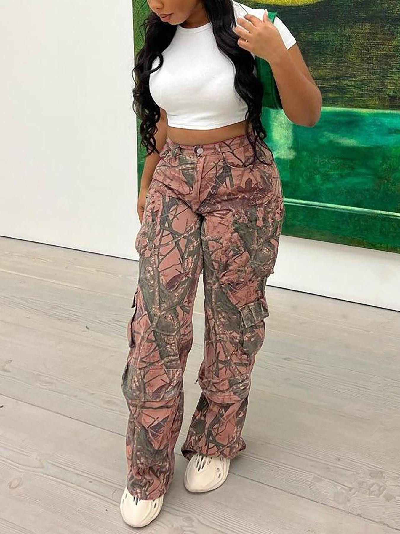 Women Camouflage Casual Zipper Pocket Pants
