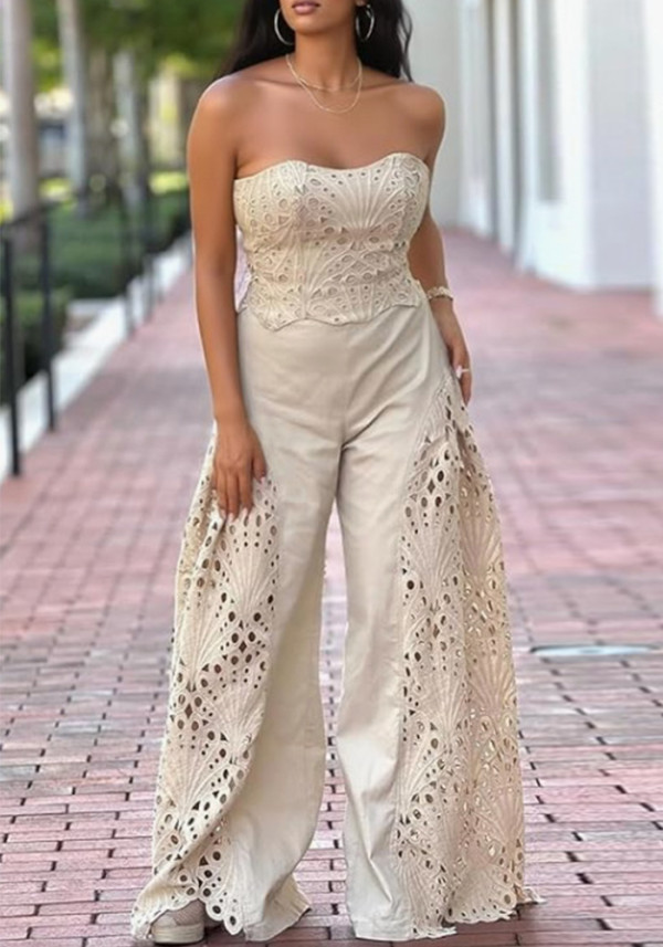 Women Lace Strapless Two Piece Pants Set Sexy Party Clubwear Outfit