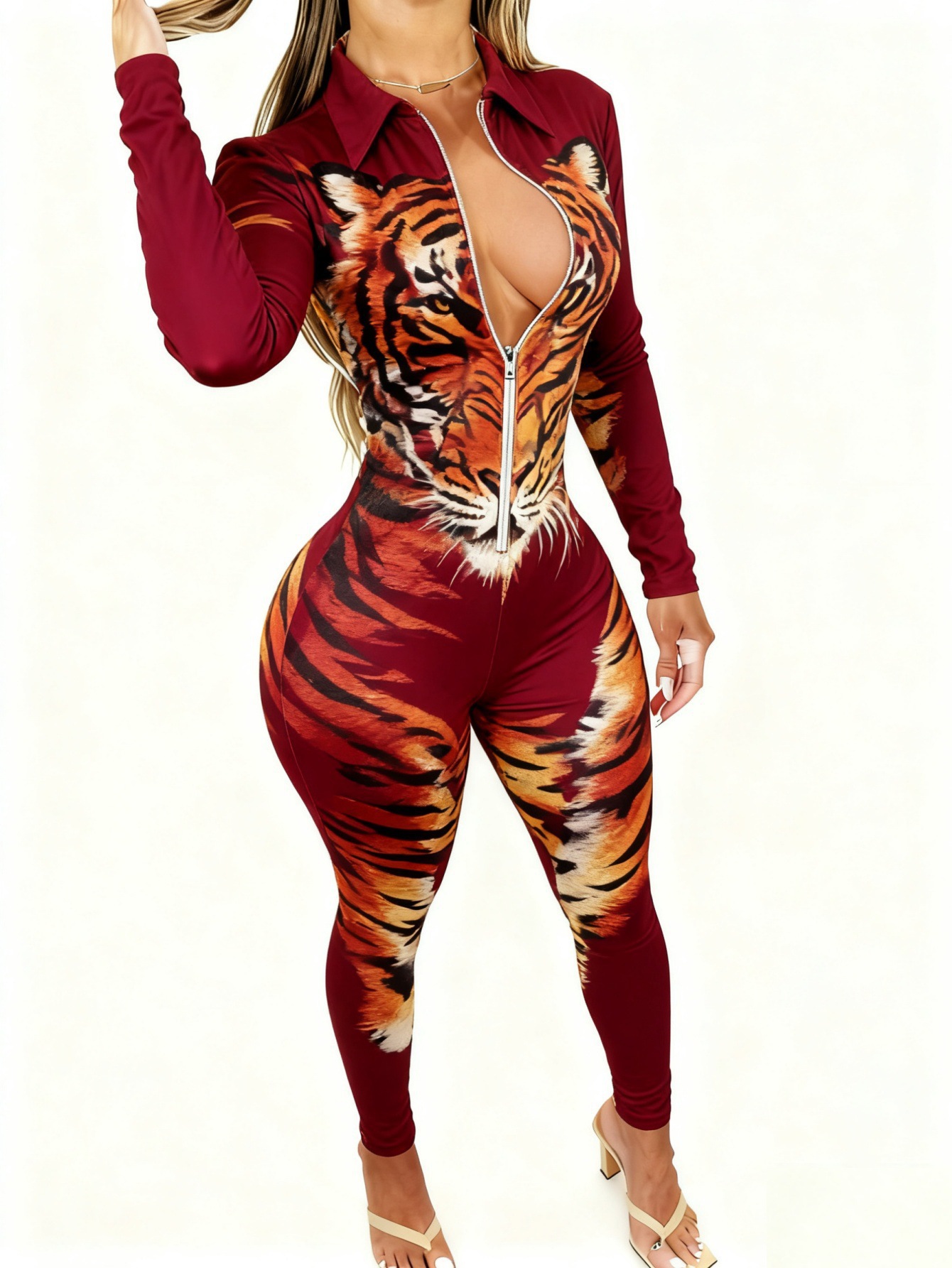 Women Casual Printed Zipper Jumpsuit