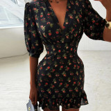 Spring Women Sweet Floral Print Puff Sleeve Ruffle Mini Dress Cute Outfit