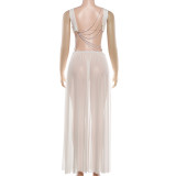 Women Spring/Summer Sexy Mesh See-Through Sleeveless Vest and Skirt Two-Piece Set