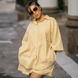 Plus Size African Women Turndown Collar Long-Sleeve Sexy Lace-Up Backless Striped Shirt Shorts Two-Piece Set
