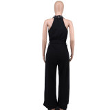 Women Black Halter Neck Beaded Sleeveless Belted Jumpsuit Elegant Party Outfit