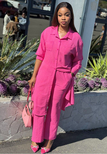 Plus Size African Women Long-Sleeve Shirt Top Casual Wide-Leg Pants Two-Piece Set