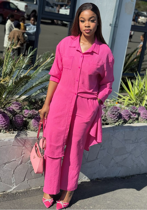 Plus Size African Women Long-Sleeve Shirt Top Casual Wide-Leg Pants Two-Piece Set
