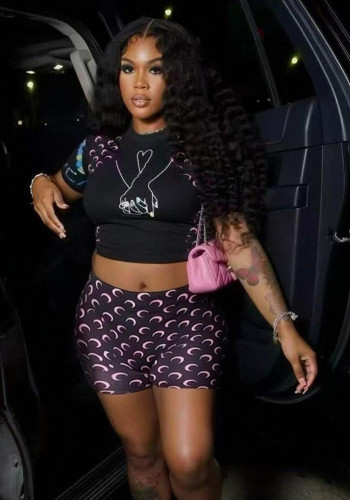 Women Color Block Short-Sleeve Printed Top and Shorts Two-Piece Set