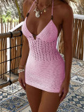 Women Summer Holidays Sexy Hollow-Out Backless Lace-Up Halter Neck Knitting Bodycon Beach Dress