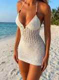 Women Summer Holidays Sexy Hollow-Out Backless Lace-Up Halter Neck Knitting Bodycon Beach Dress