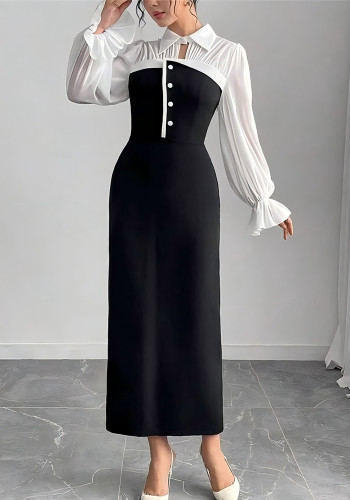 Women Faux Two-Piece Color Block Long-Sleeved Dress
