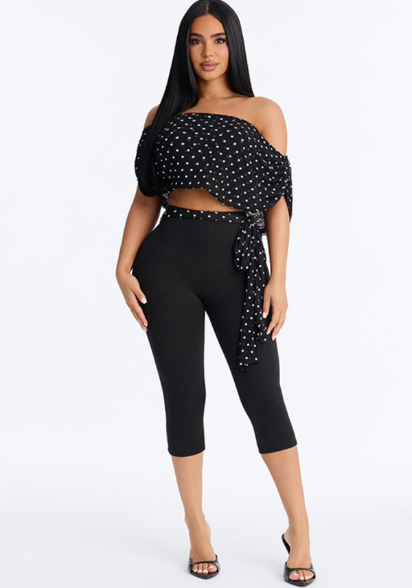 Women Sexy Off-Shoulder Polka Dot Top and Capri Pants Two-Piece Set