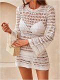 Women Sexy Backless Lace-Up Knitting Hollow-Out Long-Sleeve Cover-Up Beach Dress