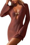 Women Sexy V-Neck Cover-Up Hollow-Out Knitting Beach Dress