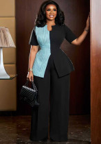 Women Spring/Summer Color Block Short-Sleeved Slit Top and Pant Two-Piece Set