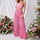 Women Elastic Waist Sequin Wide Leg Pants Sparkly Party Outfit