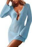 Women Sexy V-Neck Cover-Up Hollow-Out Knitting Beach Dress