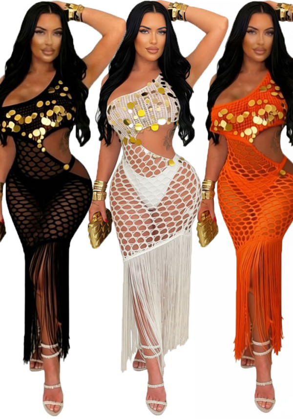 Women Summer Knitting Crochet See-Through Sequined Tassel Lace-Up Irregular Beach Dress