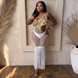 Women Summer Knitting Crochet See-Through Sequined Tassel Lace-Up Irregular Beach Dress