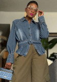 Women Ruffled Bat Sleeves Washed Denim Jacket