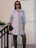 Women Spring Casual Striped Patchwork Pocket Long-Sleeved Button Shirt Dress