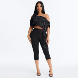 Women Sexy Off-Shoulder Polka Dot Top and Capri Pants Two-Piece Set