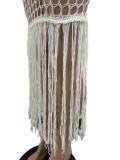 Women Summer Knitting Crochet See-Through Sequined Tassel Lace-Up Irregular Beach Dress