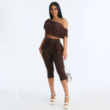 Women Sexy Off-Shoulder Polka Dot Top and Capri Pants Two-Piece Set