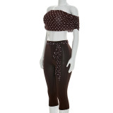 Women Sexy Off-Shoulder Polka Dot Top and Capri Pants Two-Piece Set