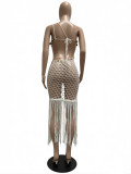 Women Summer Knitting Crochet See-Through Sequined Tassel Lace-Up Irregular Beach Dress