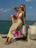 Women Printed Mesh Long Skirt Sexy Bikini Three-Piece
