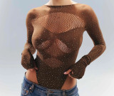 Plus Size Women Rhinestone Sparkling High-Neck Mesh Top Sexy Lingerie