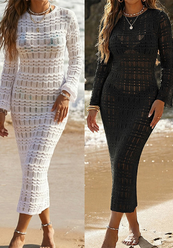 Women Hollow-Out Long-Sleeved Holidays Beach Backless Lace-Up Cover-Up Maxi Dress