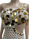 Women Summer Knitting Crochet See-Through Sequined Tassel Lace-Up Irregular Beach Dress