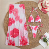 Women Printed Mesh Long Skirt Sexy Bikini Three-Piece