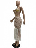 Women Summer Knitting Crochet See-Through Sequined Tassel Lace-Up Irregular Beach Dress