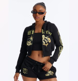 Women Printed Long-Sleeve Top and Shorts Two-Piece Set