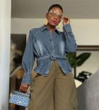 Women Ruffled Bat Sleeves Washed Denim Jacket