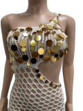Women Summer Knitting Crochet See-Through Sequined Tassel Lace-Up Irregular Beach Dress